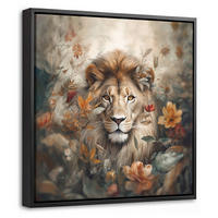 LEINWAND Bilder mit Rahmen - Löwe - Wildtiere - Pflanzen - Natur - Blumen - 20x20 - Beige, Textil (20/20cm) - MuchoWow