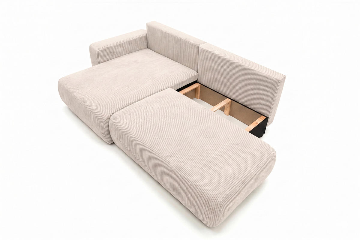 ECKSOFA Mit Schlaffunktion Und Bettkasten, Cordstoff Poso, Beige, Links, OPEN XL - Creme, Holz (262/145cm) - Kaiser Möbel