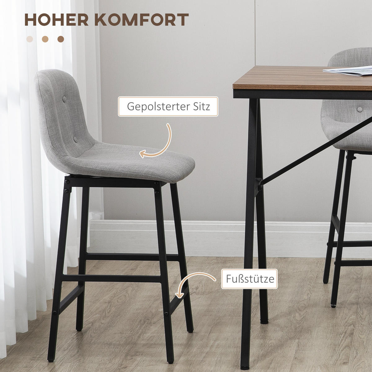 BARTISCH mit Barhocker Set, 5-teilig Essgruppe, Küchentisch, Bartisch Set, Grau - Hellbraun, Textil (60/91/120cm) - HOMCOM