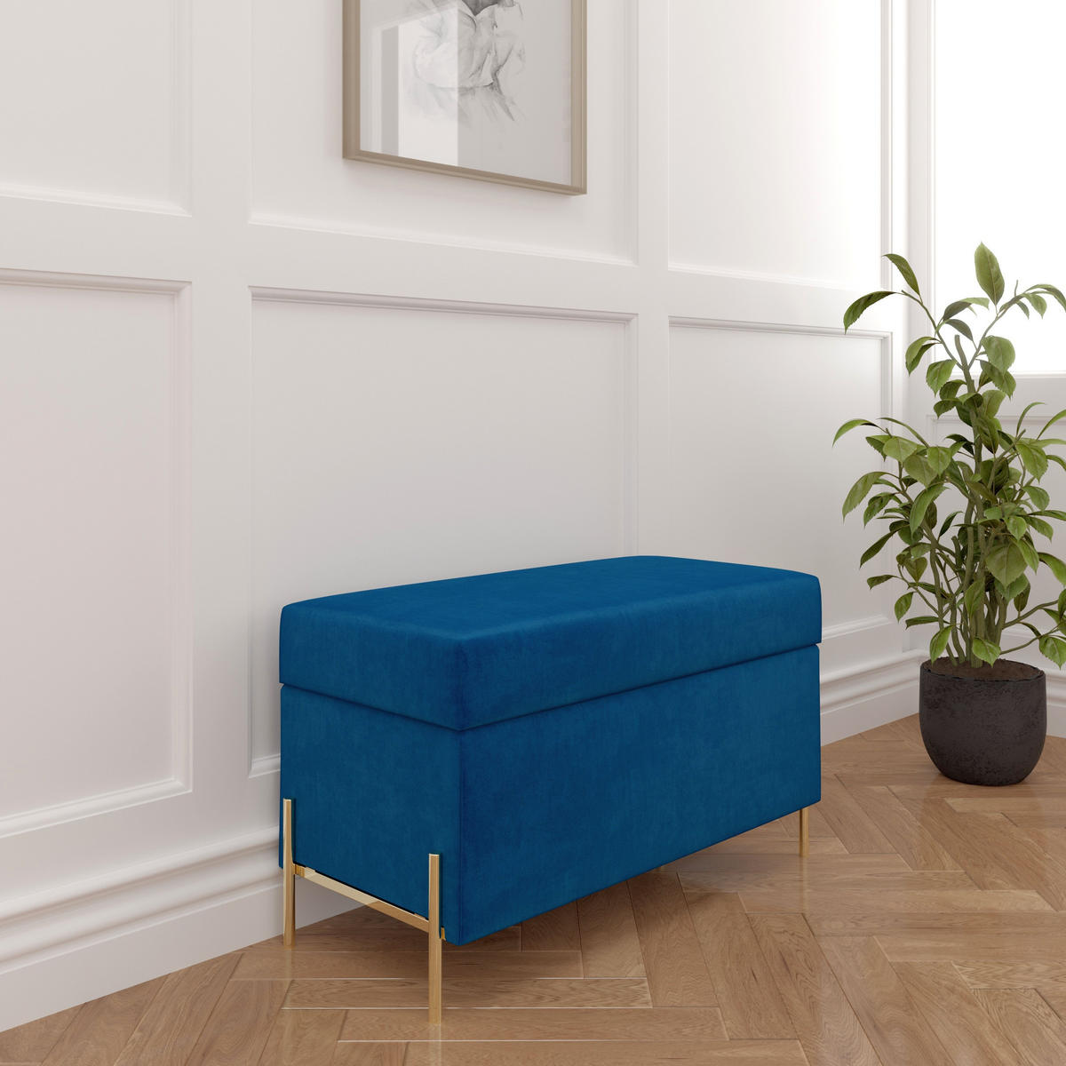 HOCKERBANK Borgo Mit Stauraum, Samt Marinblau, Metal Gold - Goldfarben/Dunkelblau, Holzwerkstoff/Metall (80/46/37cm) - Dancan