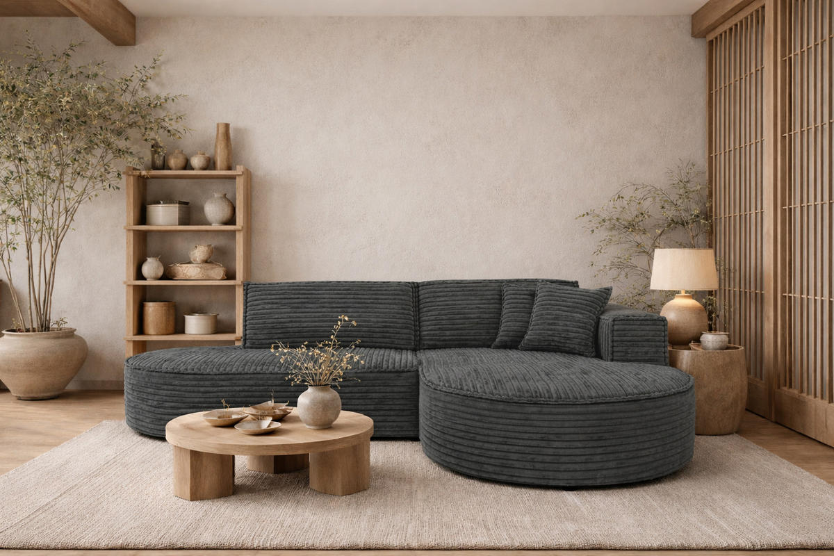 ECKSOFA L-Form, Cordstoff Velo, Dunkelgrau, Rechts, Modena Studio - Dunkelgrau, Holz (236/165cm) - Kaiser Möbel