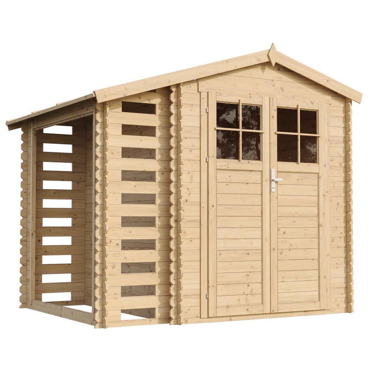 HOLZHAUS GARTENHAUS mit Brennholzschuppen -Hochwertige abschließbare Tür - 3,53 + 0,97 m2 - M386F - Beige, Holz (272/218/206cm) - Timbela