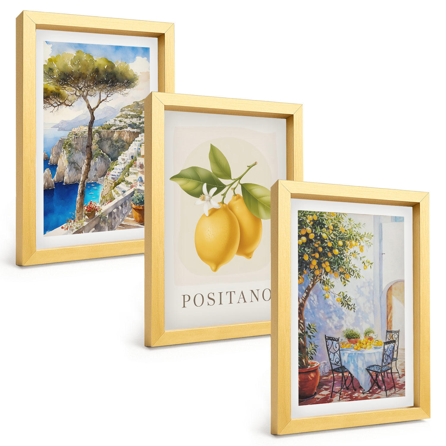 BILDER SET 3er Set - 20x30 cm Goldrahmen - Ansichten von Positano mit Zitronen - Goldfarben, Kunststoff (20/30cm) - TULUP
