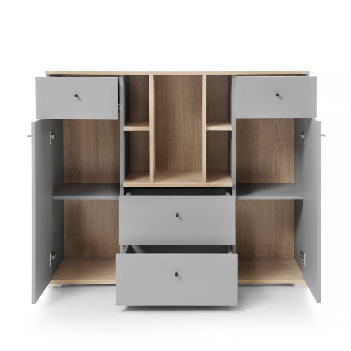 JUGENDZIMMER Oriel Set B mit Bett 120 x 200 - 6-teilig - Platingrau / Biskuit-Eiche - Eichefarben/Schwarz, Holzwerkstoff/Metall (124/80/224cm) - QMM TraumMöbel