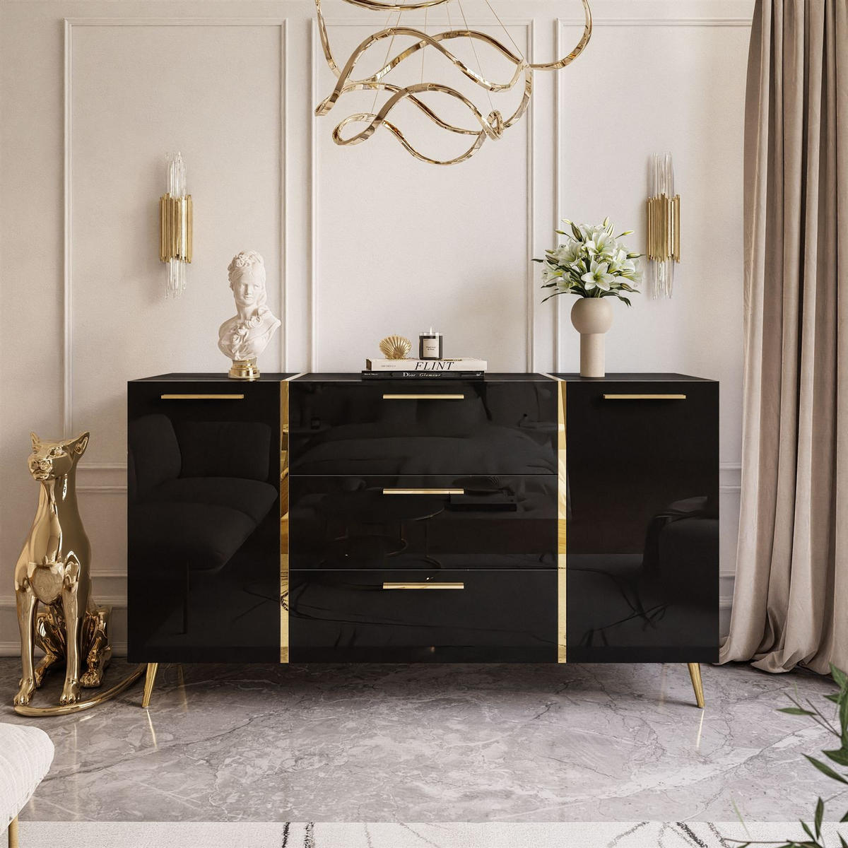 SIDEBOARDS MIT SCHUBLADEN ONYX AUF GOLDENEN BEINEN HOCHGLANZ 158 CM - Schwarz, Holzwerkstoff (158/88/41.3cm) - Lookway