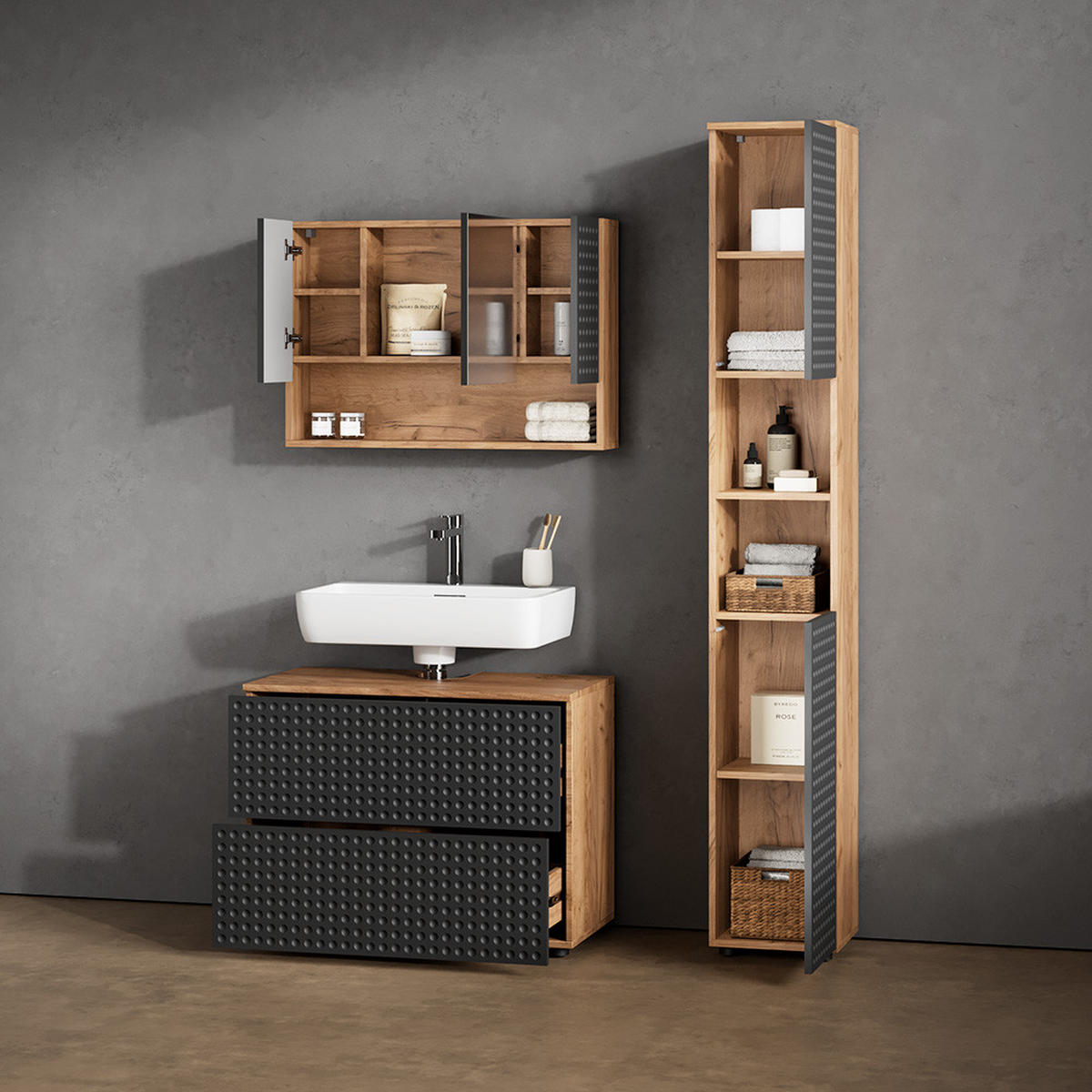 BADSCHRANK Ronco Anthrazit gepunktet 30 x 192 cm - Anthrazit/Eiche Wotan, Holzwerkstoff (30/192/30cm) - Livinity®