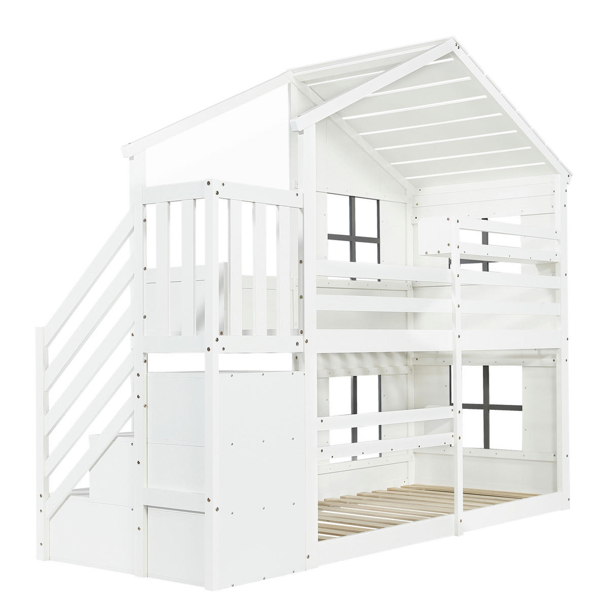 ETAGENBETT 90/200 cm weiß und grau aus Kiefer mit Treppen-Stauraum - Weiß, Holz (90/200cm) - OKWISH