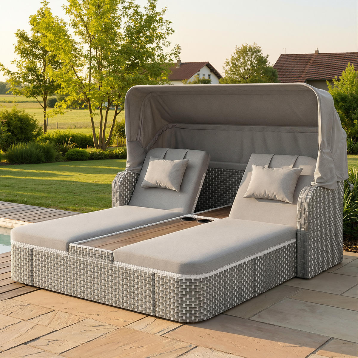 LOUNGESET Beige/Grau Mit Sonnenschutz & Pavillon - Grau, Textil (160/137/192cm) - FLIEKS