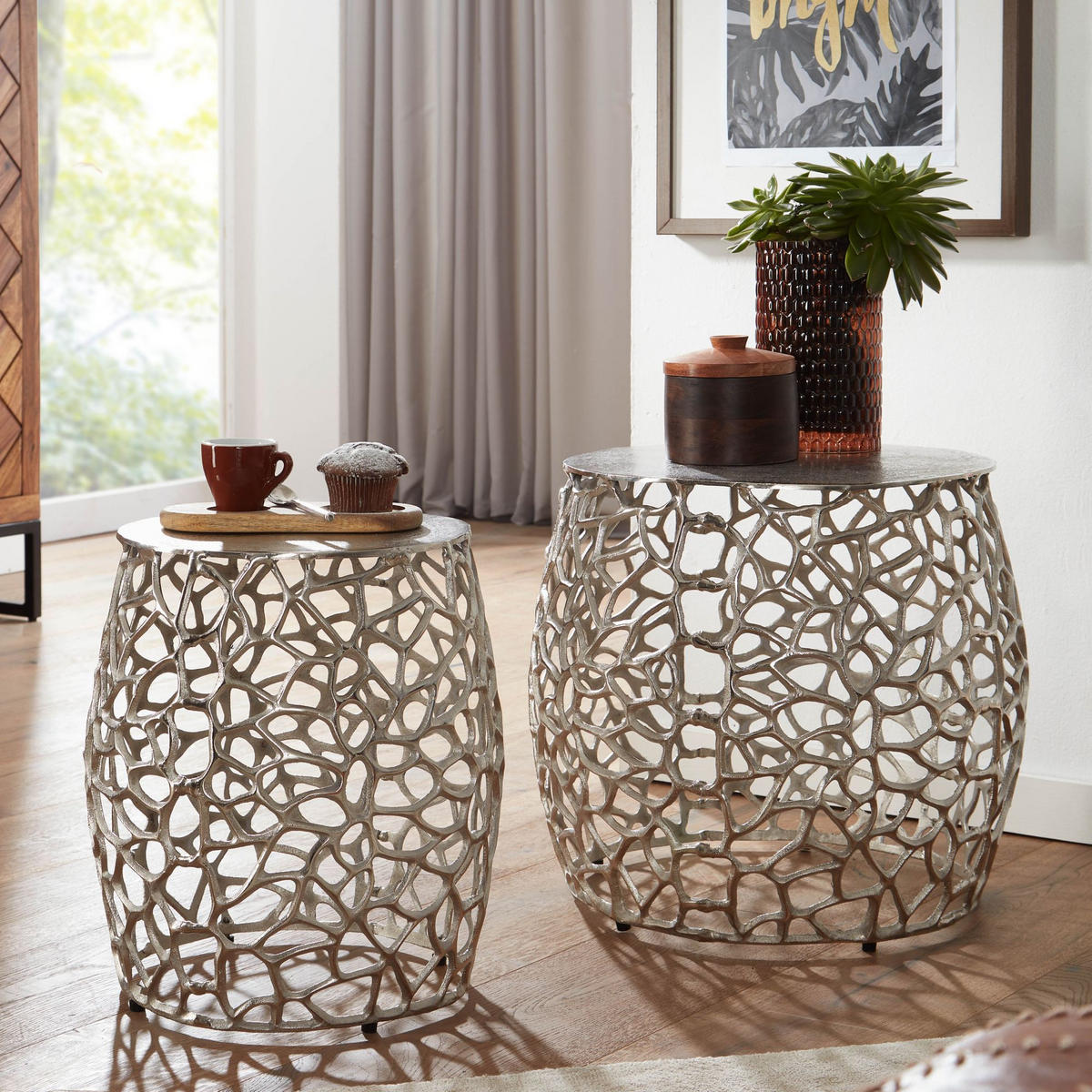 BEISTELLTISCH Set – Silber Aluminium Aststruktur vielseitig einsetzbar - Silberfarben, Metall (46/46/42cm) - KADIMA DESIGN