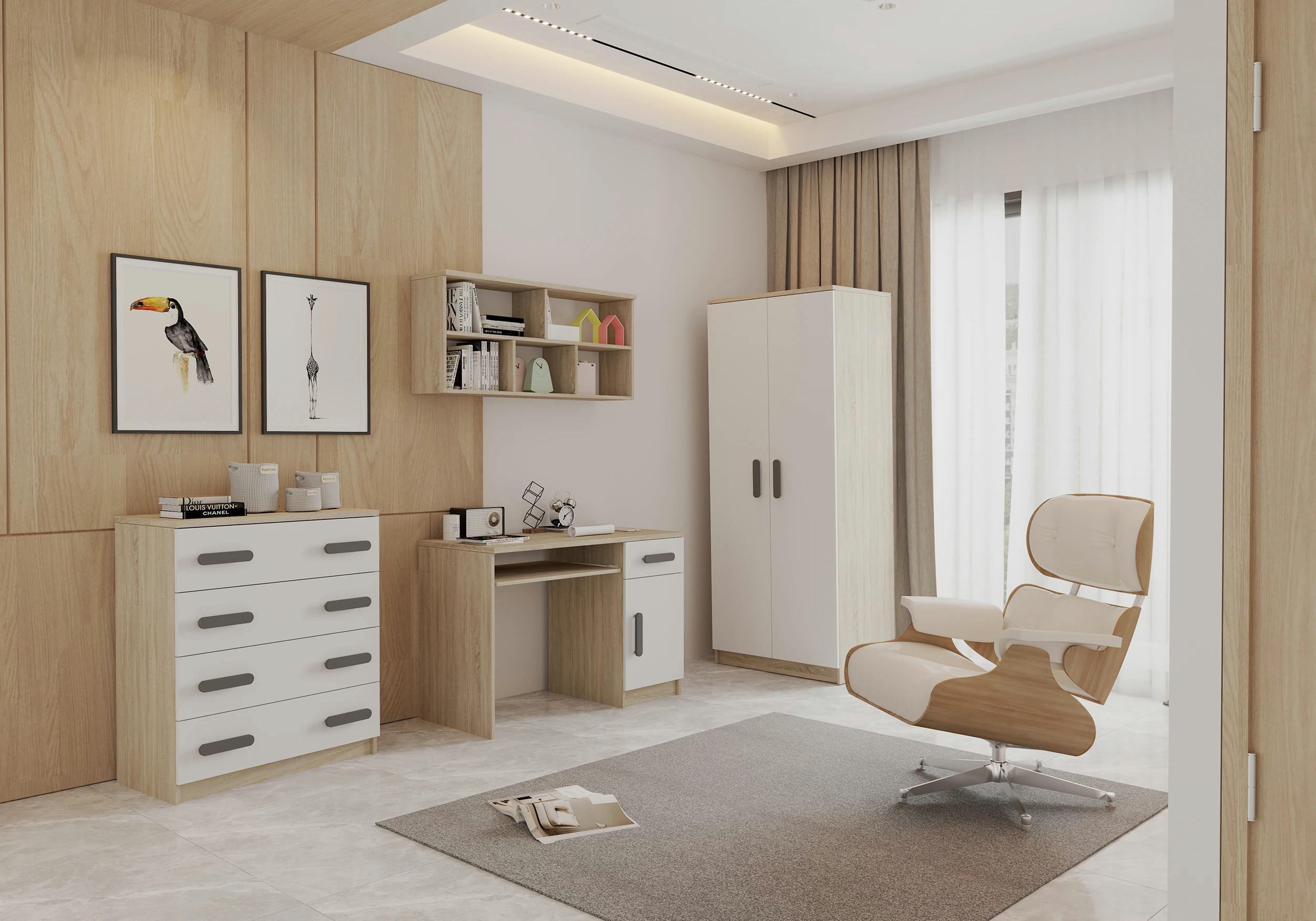 JUGENDZIMMER Elora in Eiche und Weiß – 4-teiliges Set mit Schreibtisch, Kommode, Wandregal und Schrank – Grifffarbe Grau - Braun, Holzwerkstoff (80/200/120cm)