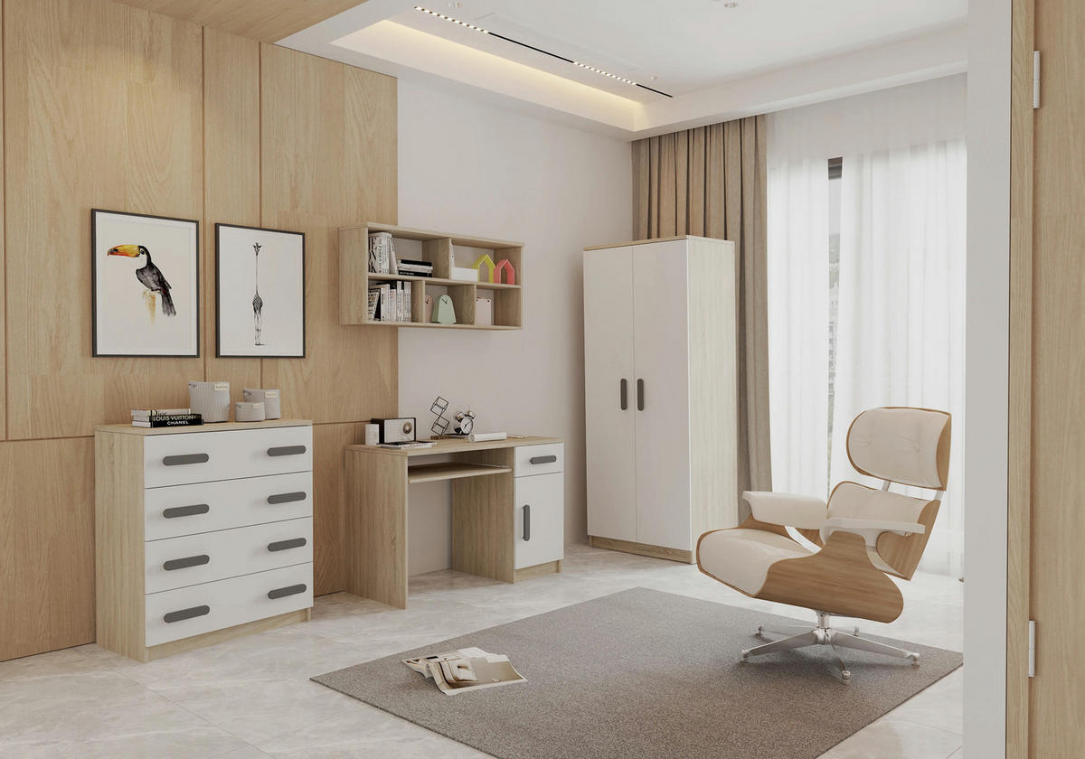 JUGENDZIMMER Elora in Eiche und Weiß – 4-teiliges Set mit Schreibtisch, Kommode, Wandregal und Schrank – Grifffarbe Grau - Braun, Holzwerkstoff (80/200/120cm)