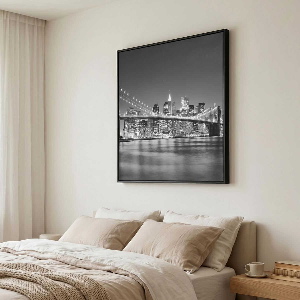 LEINWAND Bilder mit Rahmen - New York - Brücke - Brooklyn - Schwarz und weiß - Architektur - 90x90 - Schwarz, Textil (90/90cm) - MuchoWow