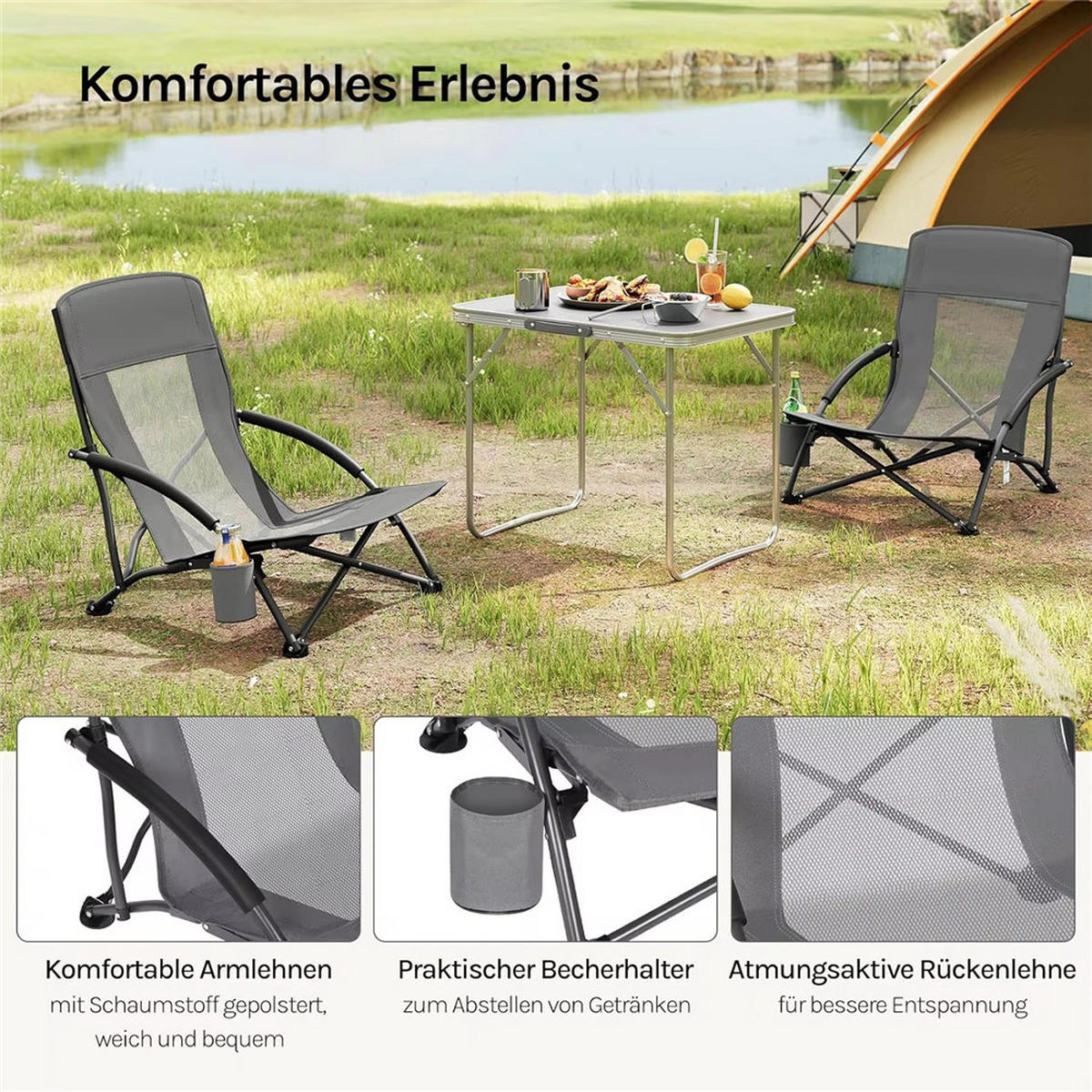 STRANDSTUHL 2ER SET mit Armlehne Getränkehalter Grau - Grau, Metall (51/67/65cm) - Coonoor