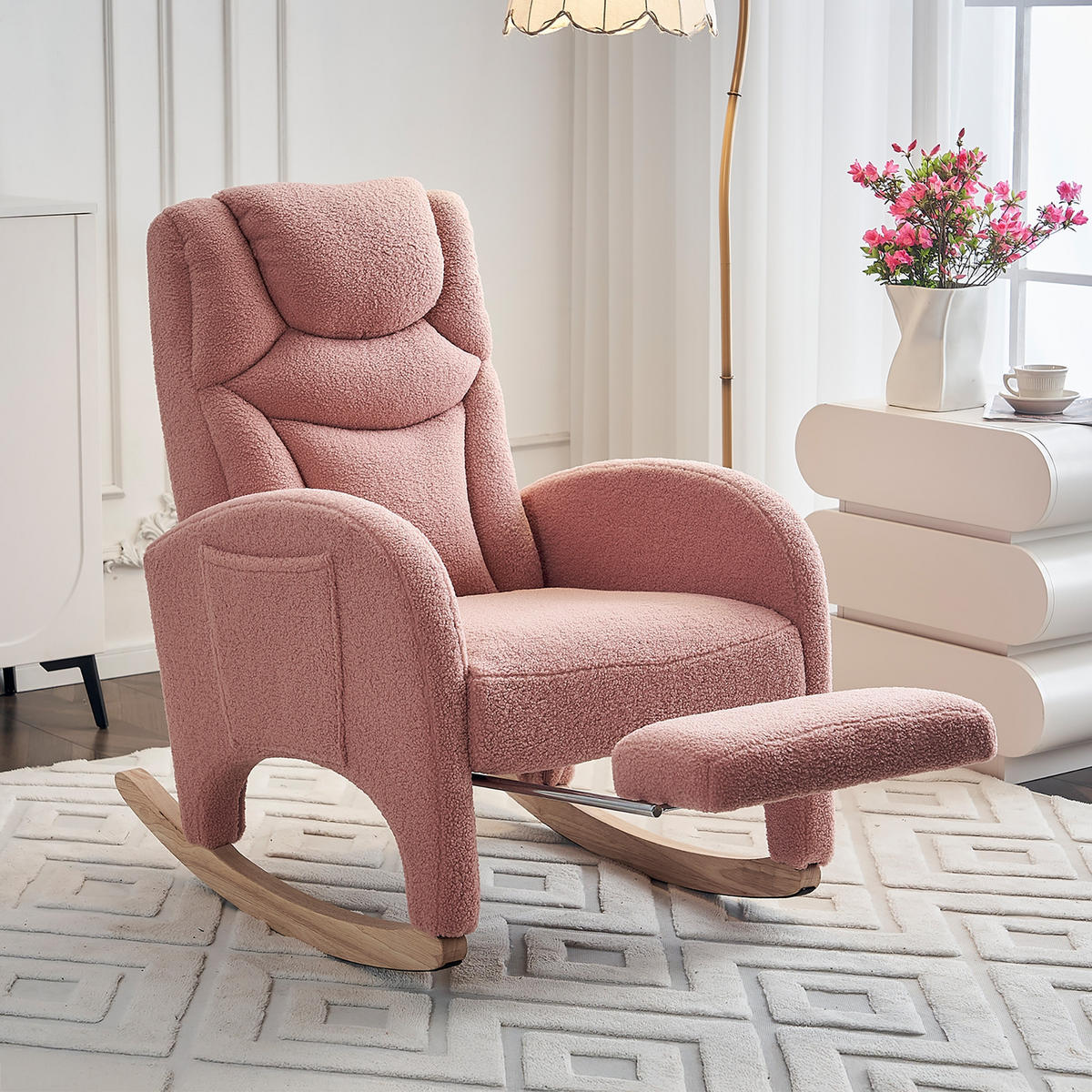 SCHAUKELSTUHL Rosa Teddy mit Klappbare Pedale - Rosa, Textil (125/101/66cm) - Oxeza