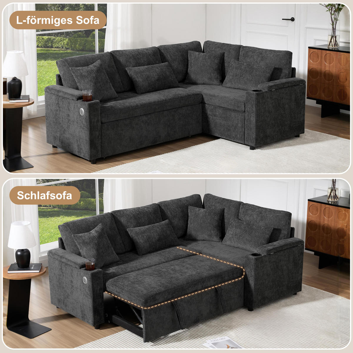 ECKSCHLAFSOFA 206.5/141/86 cm Dunkelgrau mit Stauraum, Getränkehalter, USB-Ladeanschluss und Armlehnenablage - Dunkelgrau, Textil (206.5/141cm) - Oxeza
