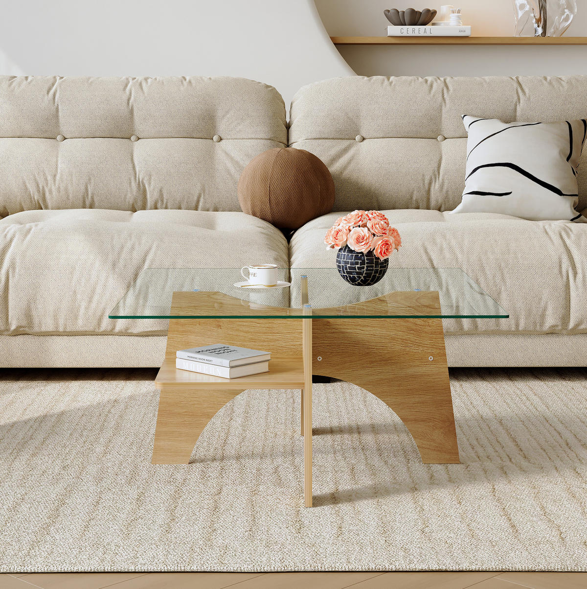 COUCHTISCH 80/80/40 cm aus Sicherheitsglas und MDF mit Ablagefach im minimalistischen Design, Transparent, Holzfarben - Transparent, Glas (80/80/40cm) - Redom