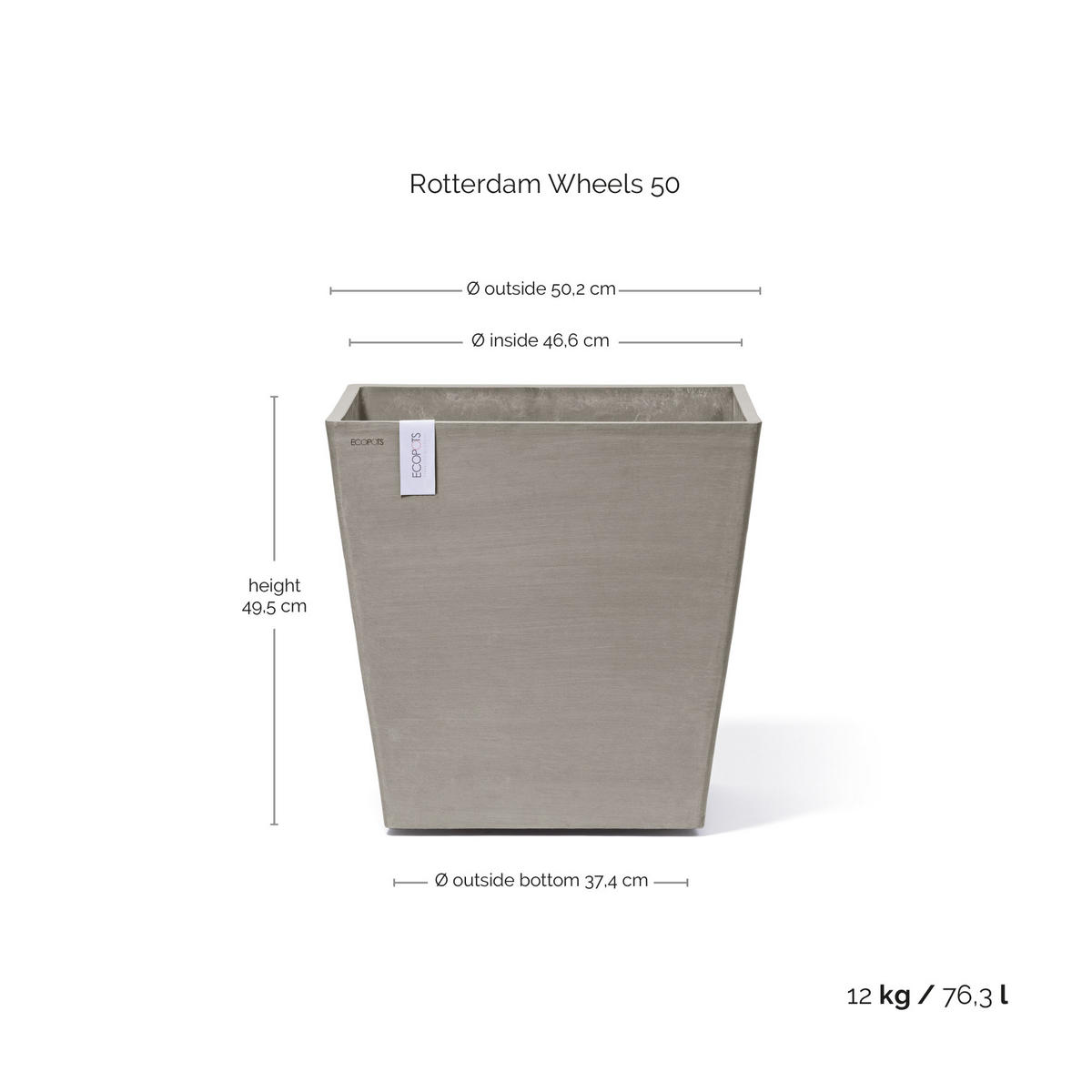 BLUMENTOPF Rotterdam Wheels 50,2/50,2/49,5 cm Taupe - Taupe, Kunststoff (50.2/49.5cm) - Ecopots