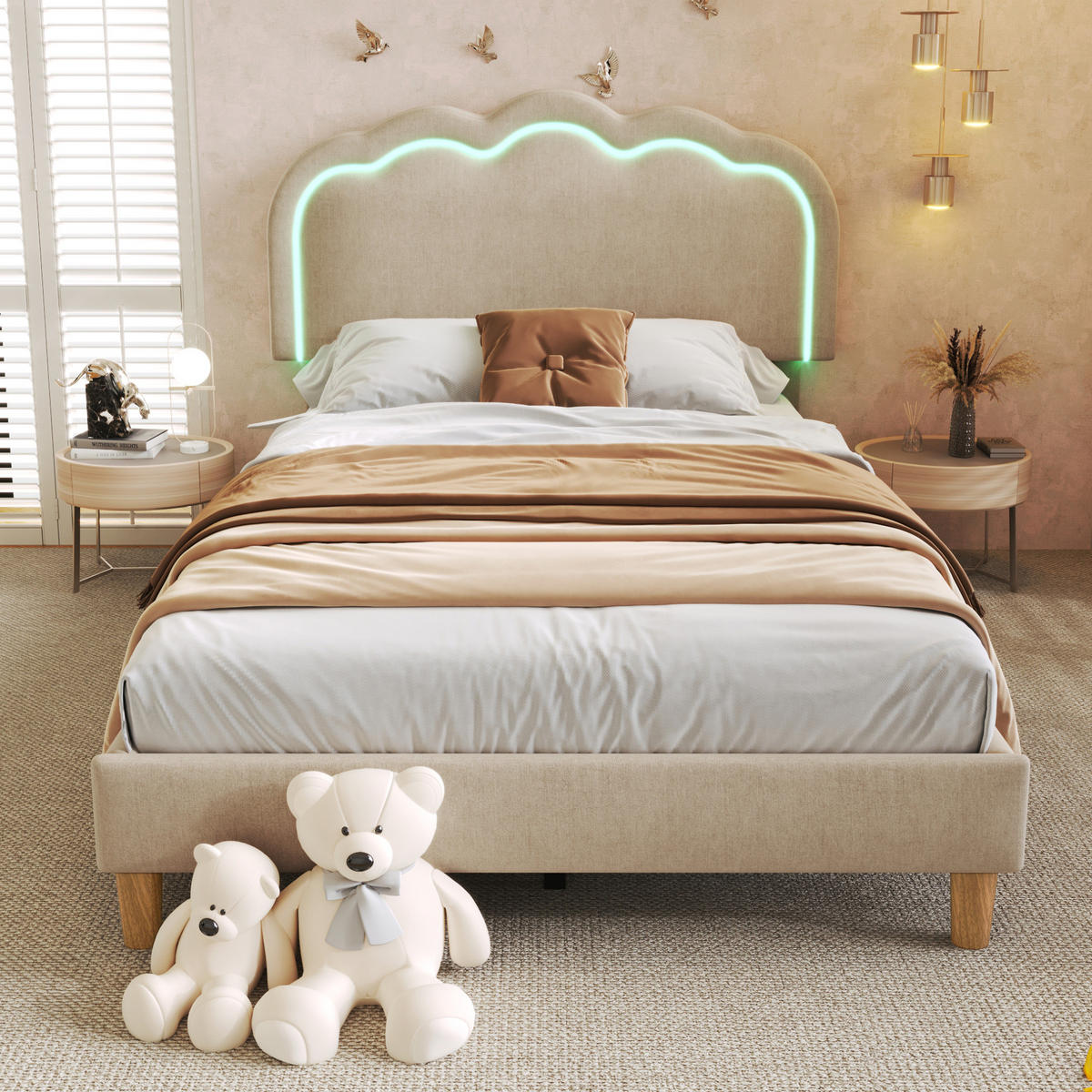 POLSTERBETT mit LED-Beleuchtung 90/190 cm in Beige mit verstellbarem Kopfteil - Beige, Textil (90/200cm) - BEAOK