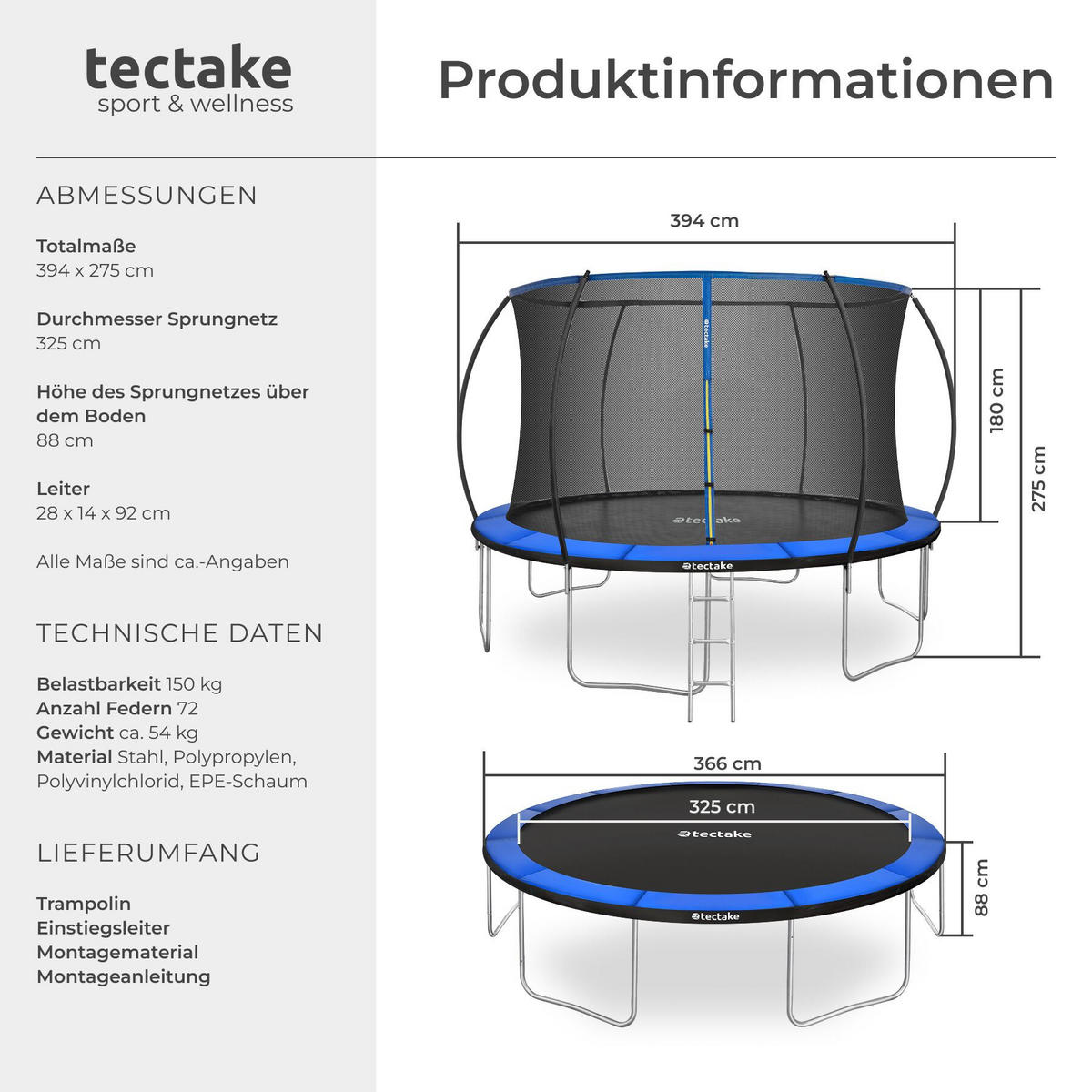 TRAMPOLIN Jumpy, inklusive Einstiegsleiter, schwarz/blau - Blau/Schwarz, Metall (394/275/394cm) - tectake