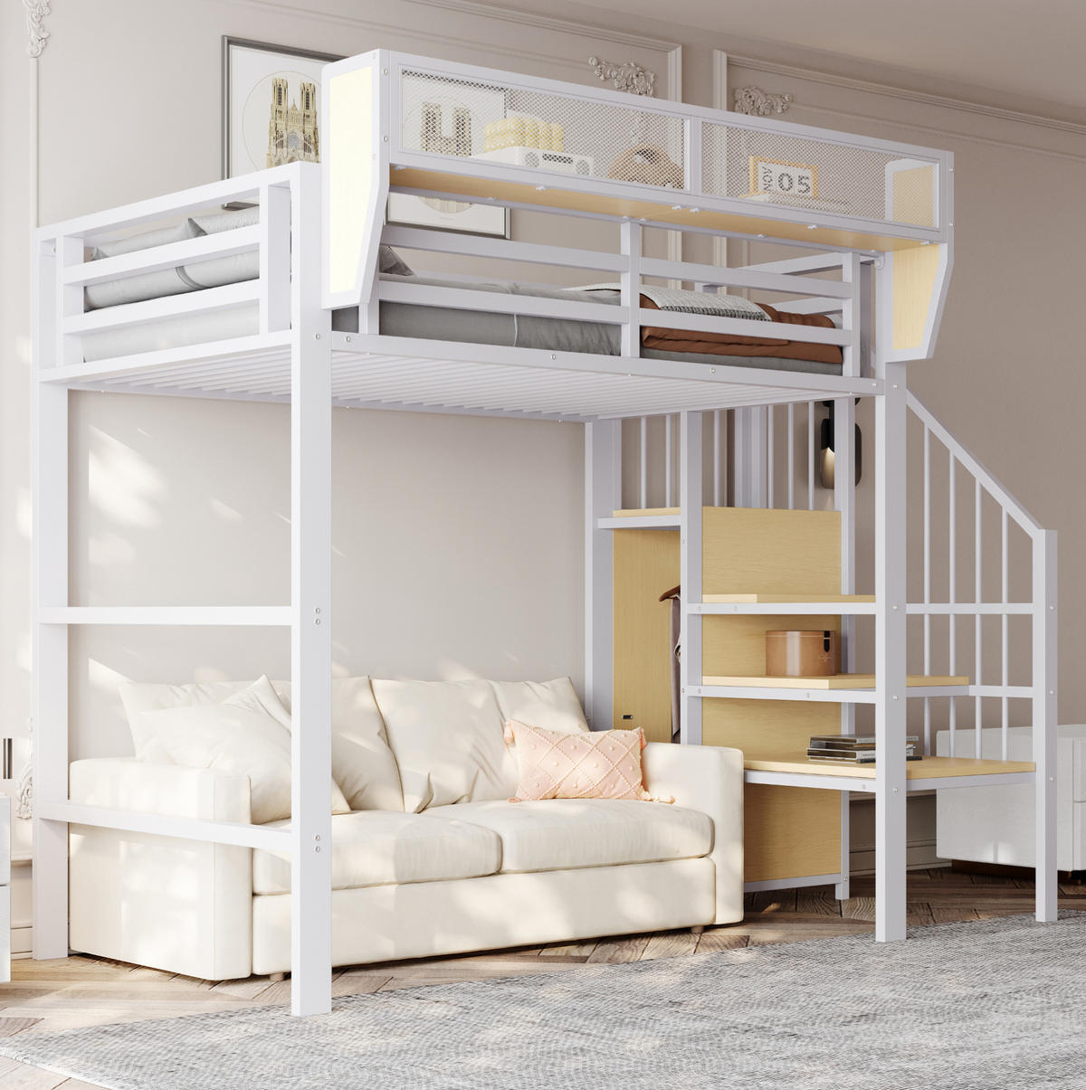 HOCHBETT aus Metall und MDF 90x200 cm Weiß mit Sicherheitsleiter und flexiblem Ablageregal - Weiß, Metall (90/200cm) - Modfu