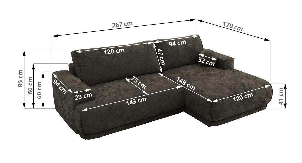 ECKSCHLAFSOFA RINA L Dunkelgrau Schenille glatt - rechts - Dunkelgrau/Schwarz, Kunststoff/Textil (170/267cm) - MKS