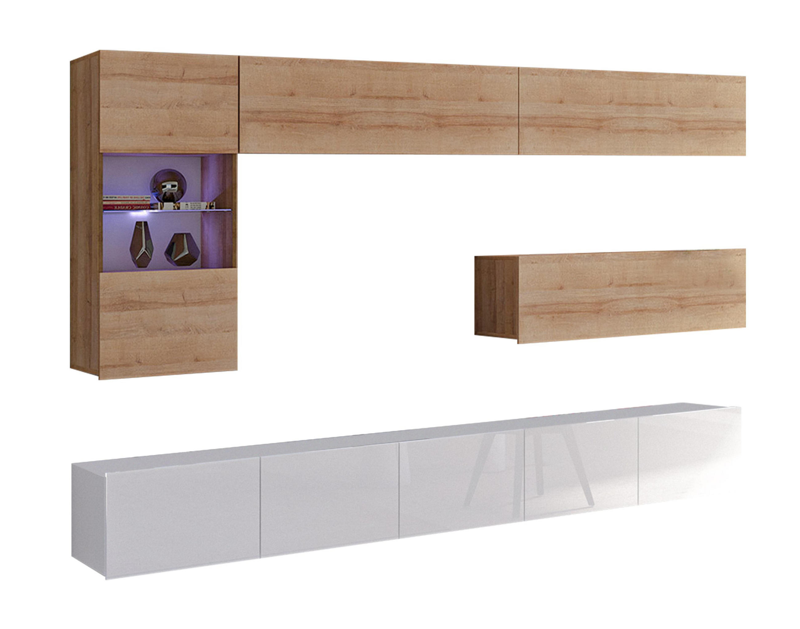 WOHNWAND Kossana 4 Modern Weiß/Goldene Eiche 255/142/43 cm Designmöbel - Hellbraun/Weiß, Holzwerkstoff/Kunststoff (255/142/43cm) - AX Living