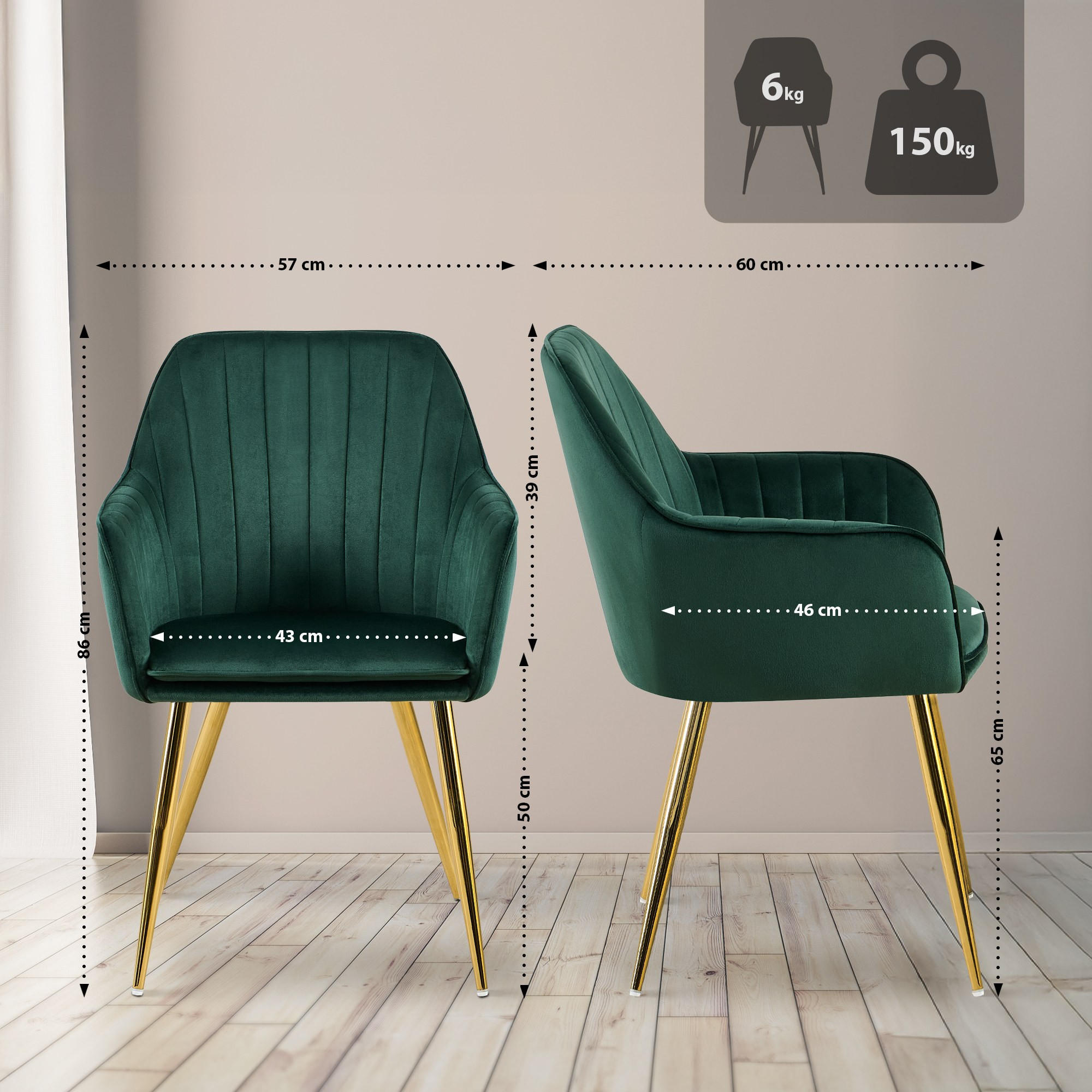 ARMLEHNENSTUHL Samt Grün - Goldfarben/Grün, Textil/Metall (60/57/86cm) - CLP