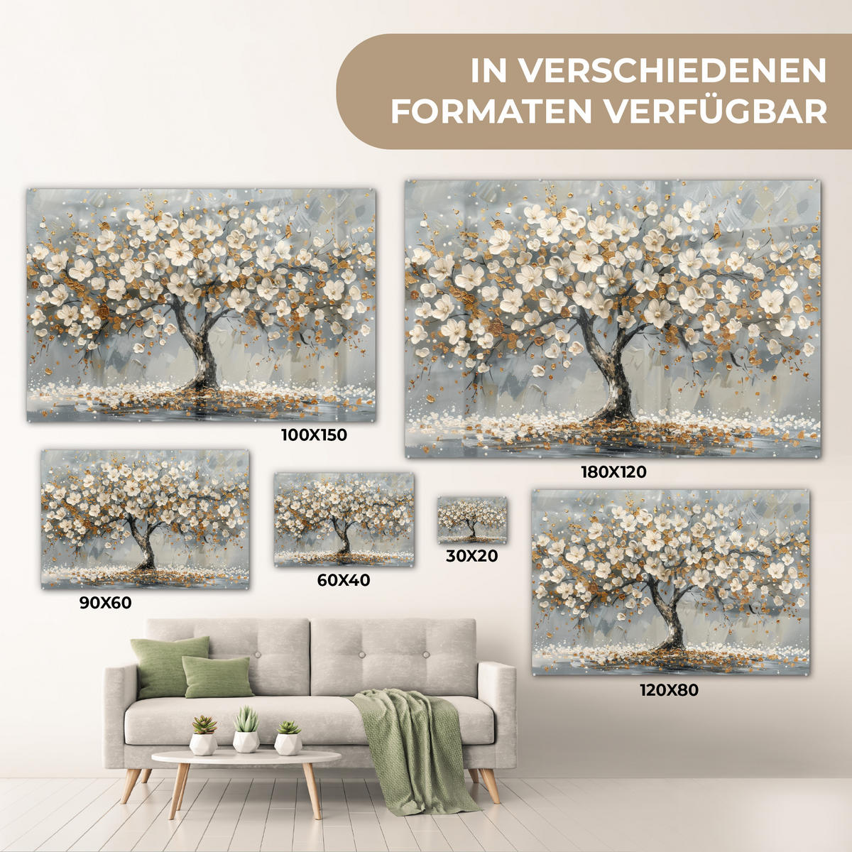 ACRYLGLASBILD Baum - Blumen - Weiß - Natur - Kunst 90x60 cm - Weiß, Glas (90/60cm) - MuchoWow