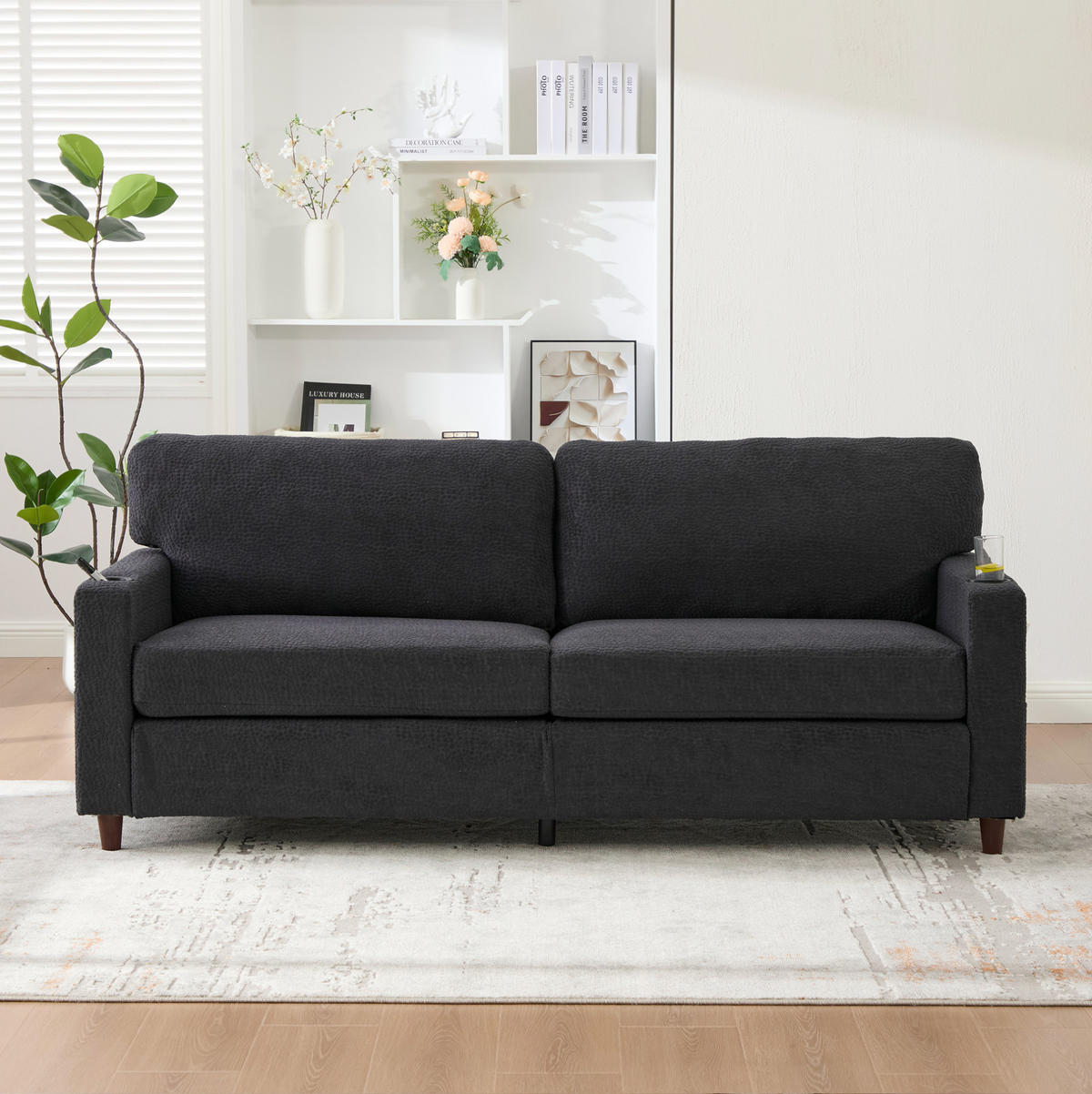 ZWEISITZER Sofa Chenille mit USB-Anschluss LED-Licht und Getränkehaltern 203/77,5/86 cm Dunkelgrau - Dunkelgrau, Textil (77.5/86/203cm) - Redom