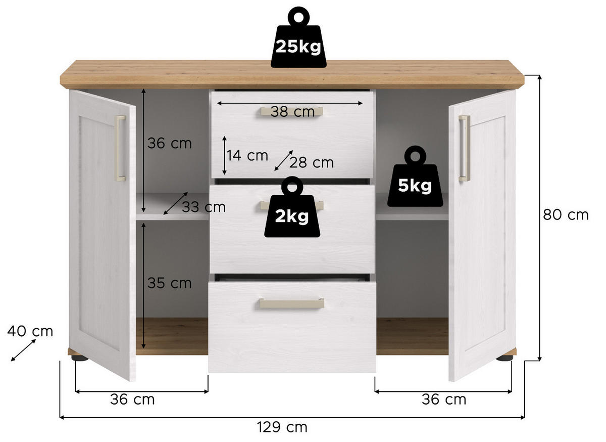 SIDEBOARD weiß Lärche, Eiche Artisan 129 cm, Kommode im Landhaus-Stil - Silberfarben/Schwarz, Holzwerkstoff/Kunststoff (129/80/40cm) - Inn.Furn
