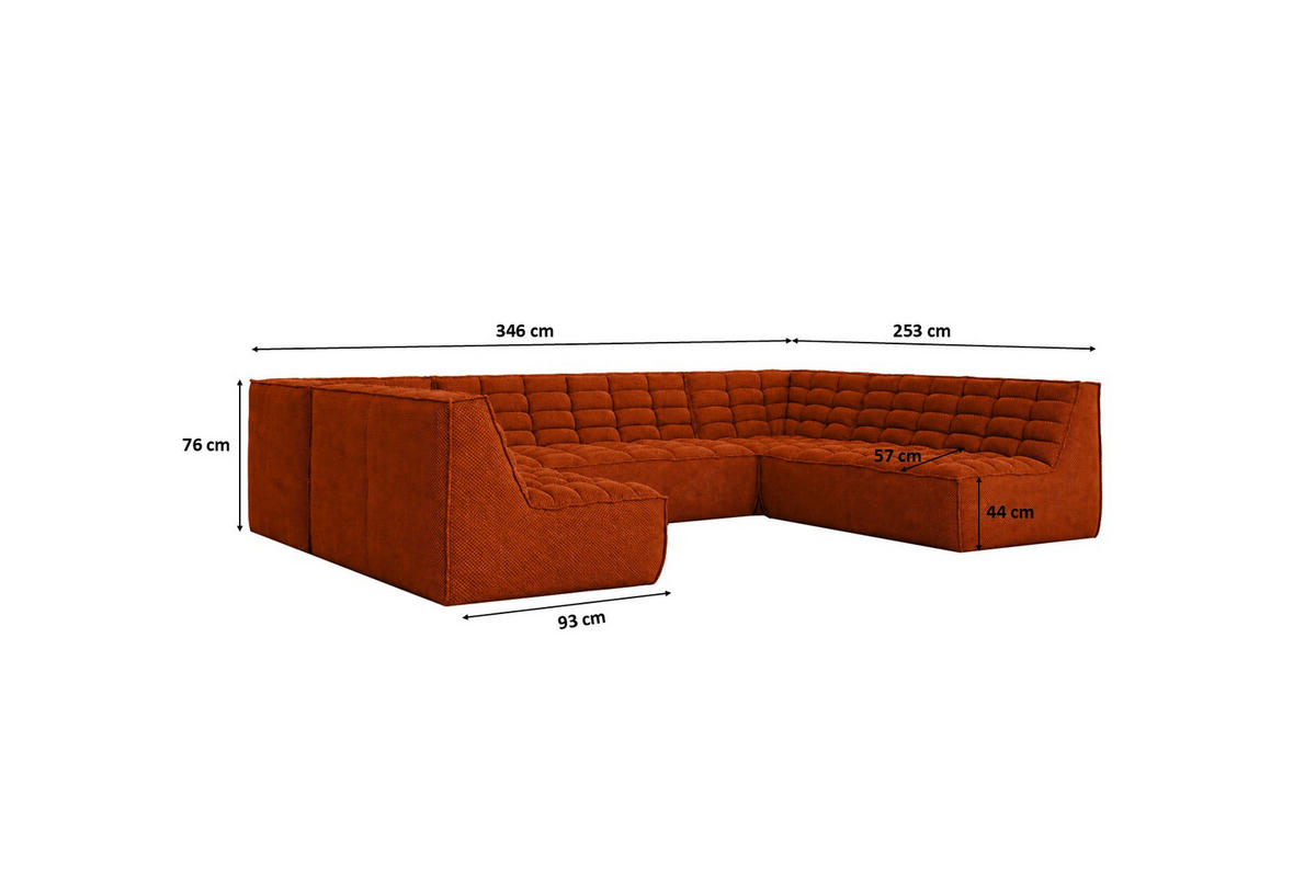 ROHOVÁ SEDAČKA U XL modulární ve tvaru U, plyšová tkanina Pop, Měděná, LAZY U XL - měděná, dřevo (346/76/253cm) - Kaiser Möbel
