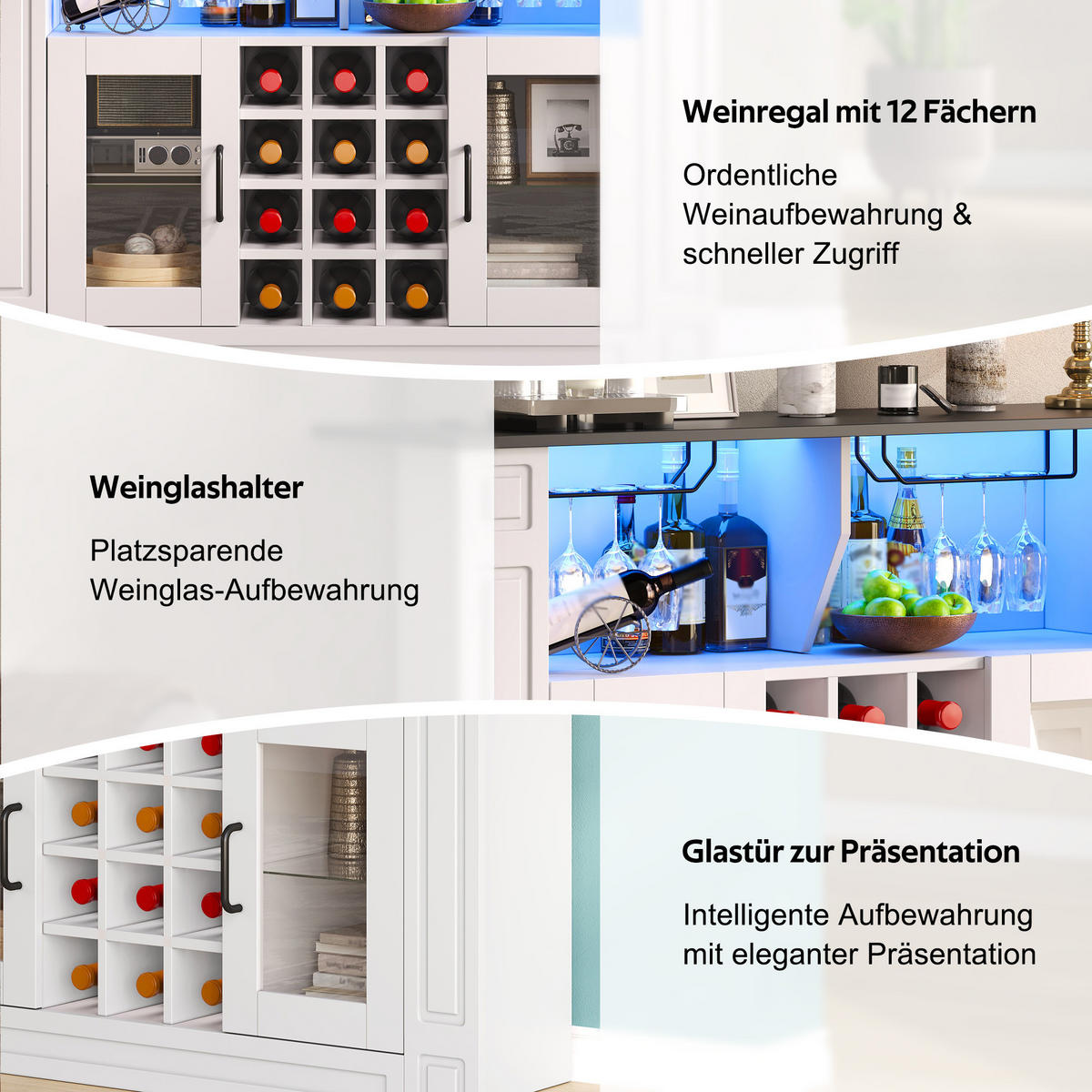 WEINSCHRANK DE-38730 120/35/84 cm LED-Beleuchtung und 12 Weinfächer Weiß - Weiß, Holzwerkstoff (120/84/35cm) - ComfortXL