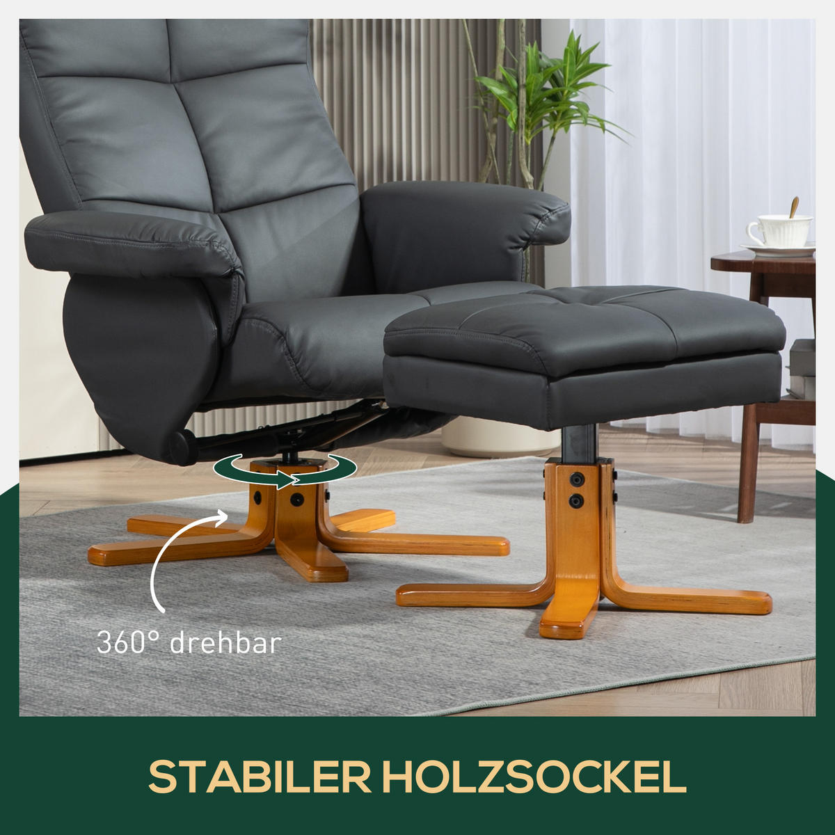 RELAXSESSEL mit Hocker, Stauraum, Fernsehsessel mit Liegefunktion, Dunkelgrau - Dunkelgrau/Braun, Holz (86/99/80cm) - HOMCOM