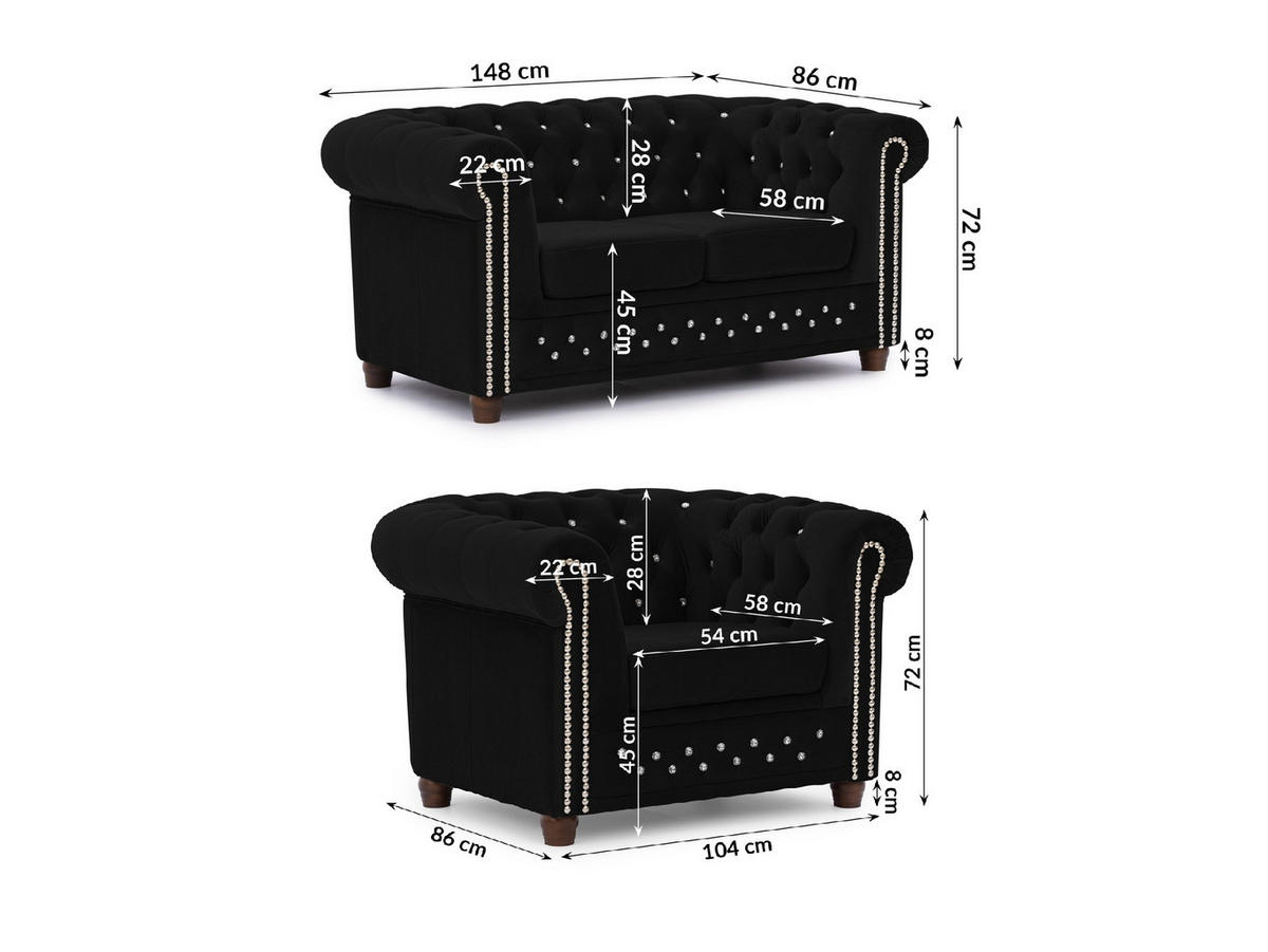 SITZGARNITUR 2+1 Chesterfield Cleo Blink Schwarz Samt mit Kristallsteppung und braunen Massivholzfüßen - Beige/Schwarz, Holz/Textil (148/72/86cm) - S-Style Möbel