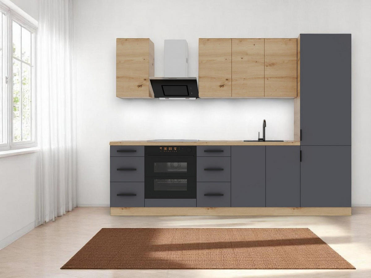 KÜCHENZEILE 280 cm – Nexa K98-G280 – in Grau & Woodline / Matt - Schwarz/Eiche Artisan, Holz/Metall (280/212/58cm) - ROYAL24_MARKT