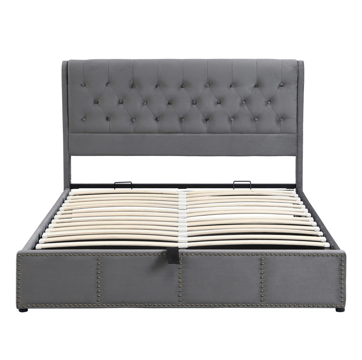 SAMT-POLSTERBETT 140/200 cm mit Bettkasten und gepolstertem Kopfteil, Grau - Grau, Textil (140/200cm) - BEAOK