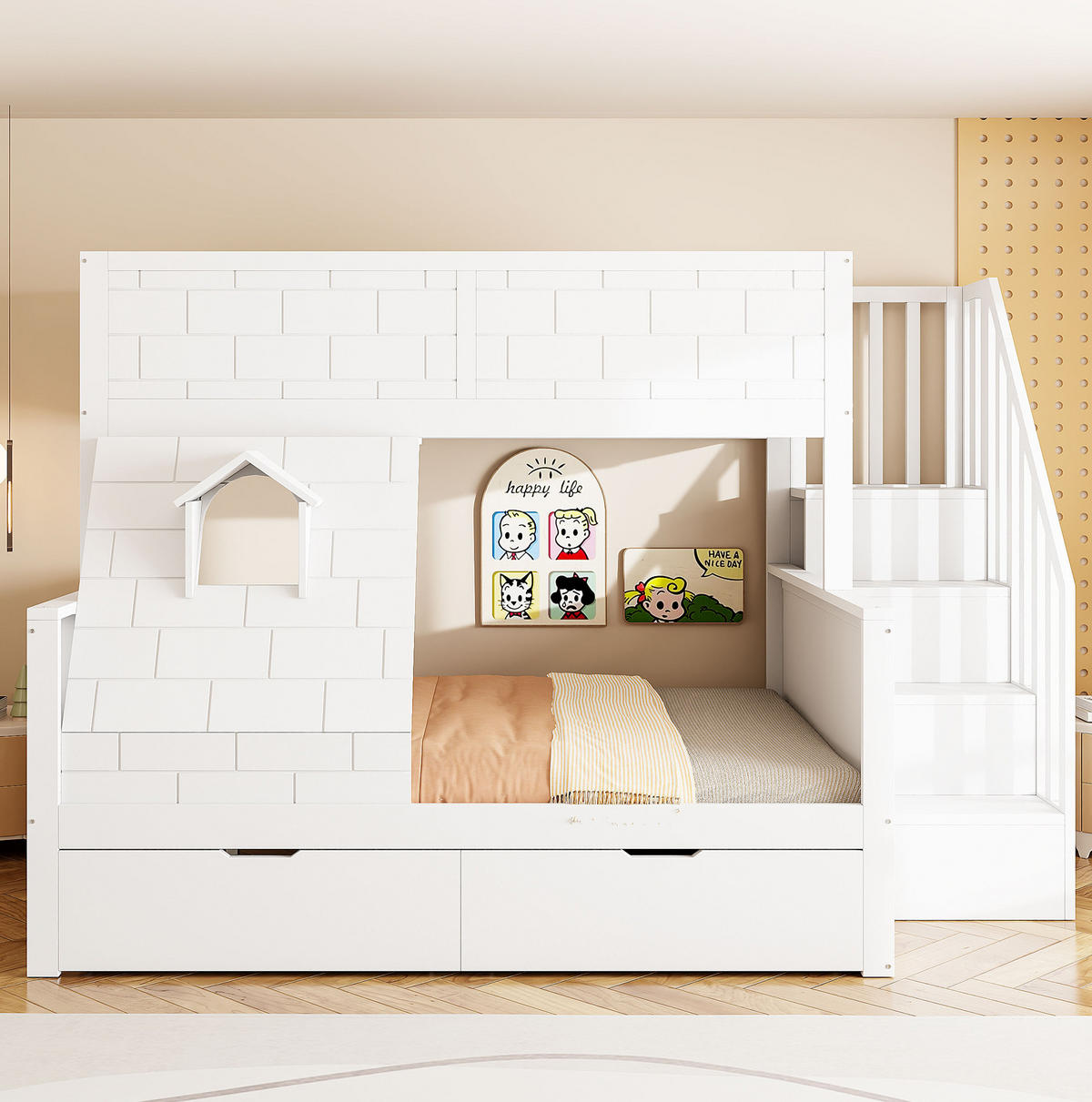 ETAGENBETT aus Kiefernholz 90x200/140x200 cm in Weiß mit Treppe & 2 Schubladen - Weiß, Holz (90/200cm) - Modfu
