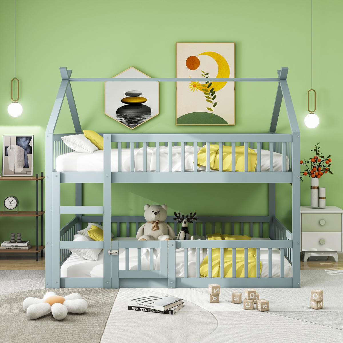 ETAGENBETT 140/200 cm in Grau mit Treppe und Tür - Grau, Holz (140/200cm) - OKMYHOME
