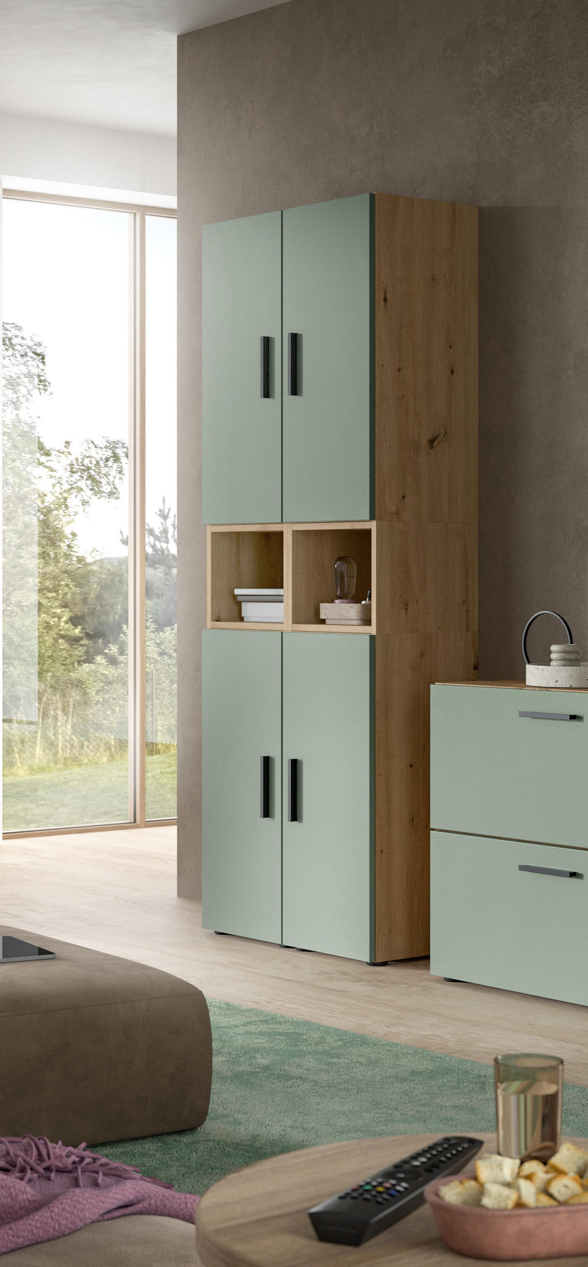 WOHNKOMBINATION THE ONE (B/H/T: ca. 65/178/34 cm) in Artisan Oak Nachbildung/Smoke Green - Eiche Artisan, Holzwerkstoff (65/178/34cm)