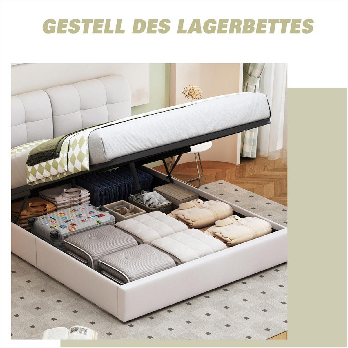 POLSTERBETT 160x200 cm mit hydraulischer Hubfunktion - Doppelbett mit LED-Beleuchtung - ohne Matratze - Cremeweiß - Beige, Textil (160/200cm) - DELFA