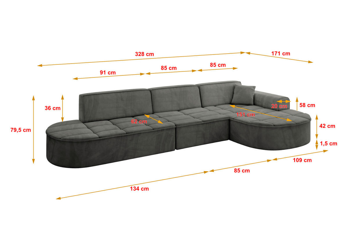 ECKSOFA Ottomane Rechts TARO-L2 - 328x171x79,5 cm Dunkelgrau - Dunkelgrau, Holzwerkstoff/Textil (328/171cm) - ALTDECOR