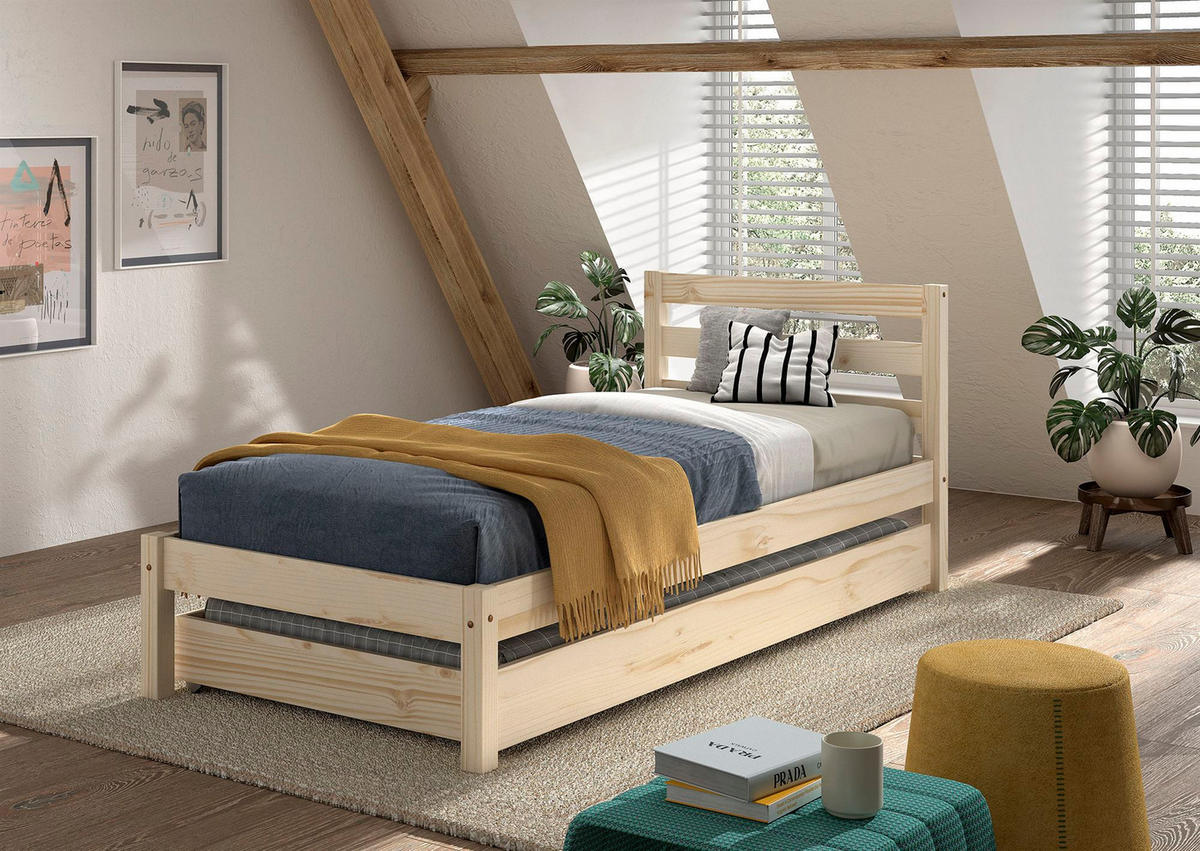 EINZELBETT 90x200 Kiefer natur robust stabil mit Bettschublade - Kieferfarben, Holz (90/200cm) - 58aufmkessel