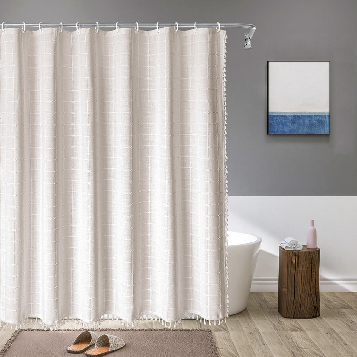 DUSCHVORHANG Beige Leinen Boho Stil 150 x 180 cm für Zuhause Badezimmer - Beige, Textil (150/180cm) - MCBOSON