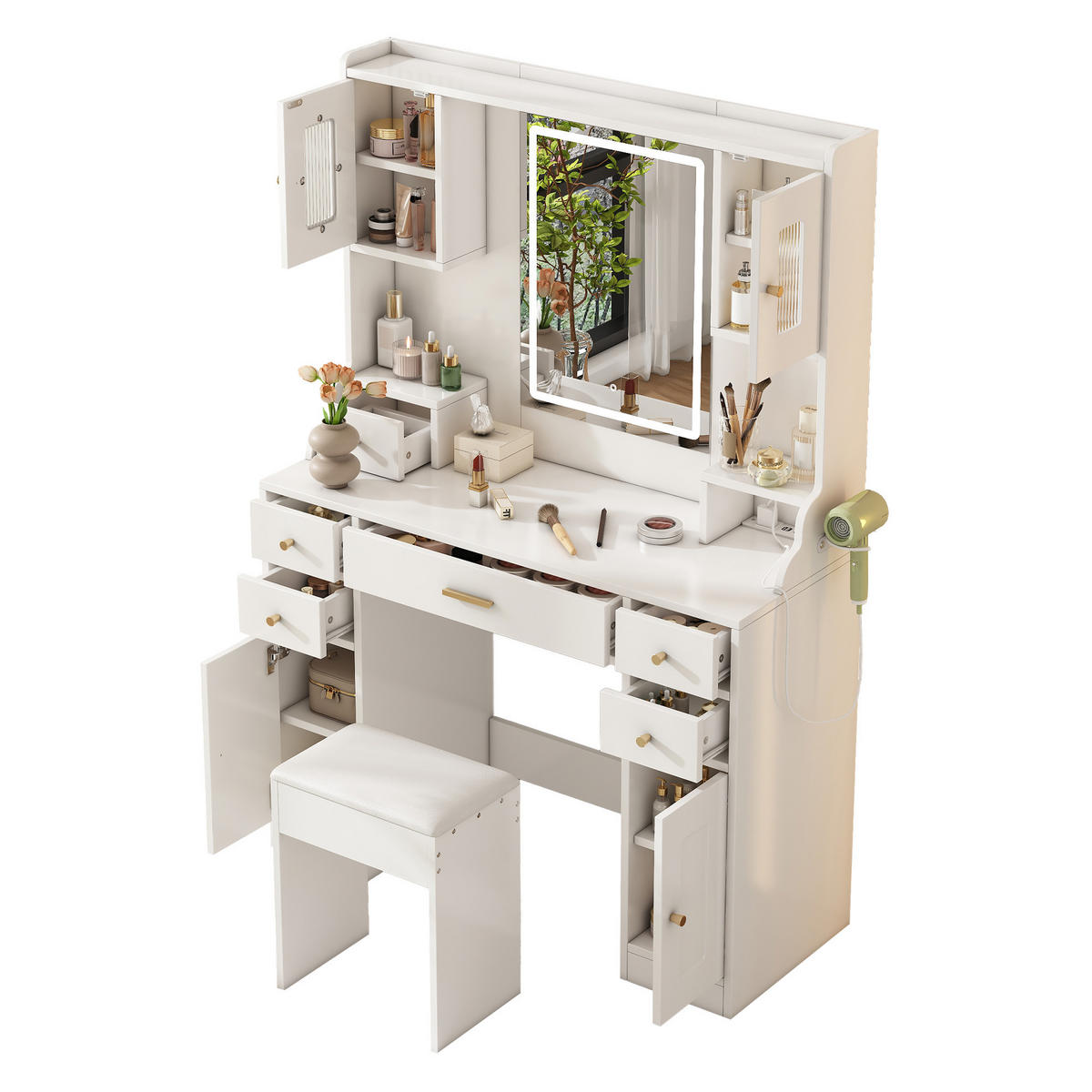 SCHMINKTISCH 105/40/152 cm Weiß aus Spanplatte mit LED-Spiegel - Weiß, Holzwerkstoff (40/152/105cm) - OKWISH