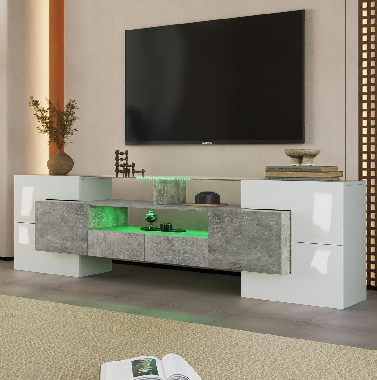 TV-LOWBOARD aus MDF 200x35x60 cm Weiß-Grau mit LED-Beleuchtung und großzügigem Stauraum - Weiß, Holzwerkstoff (200/60/35cm) - Modfu