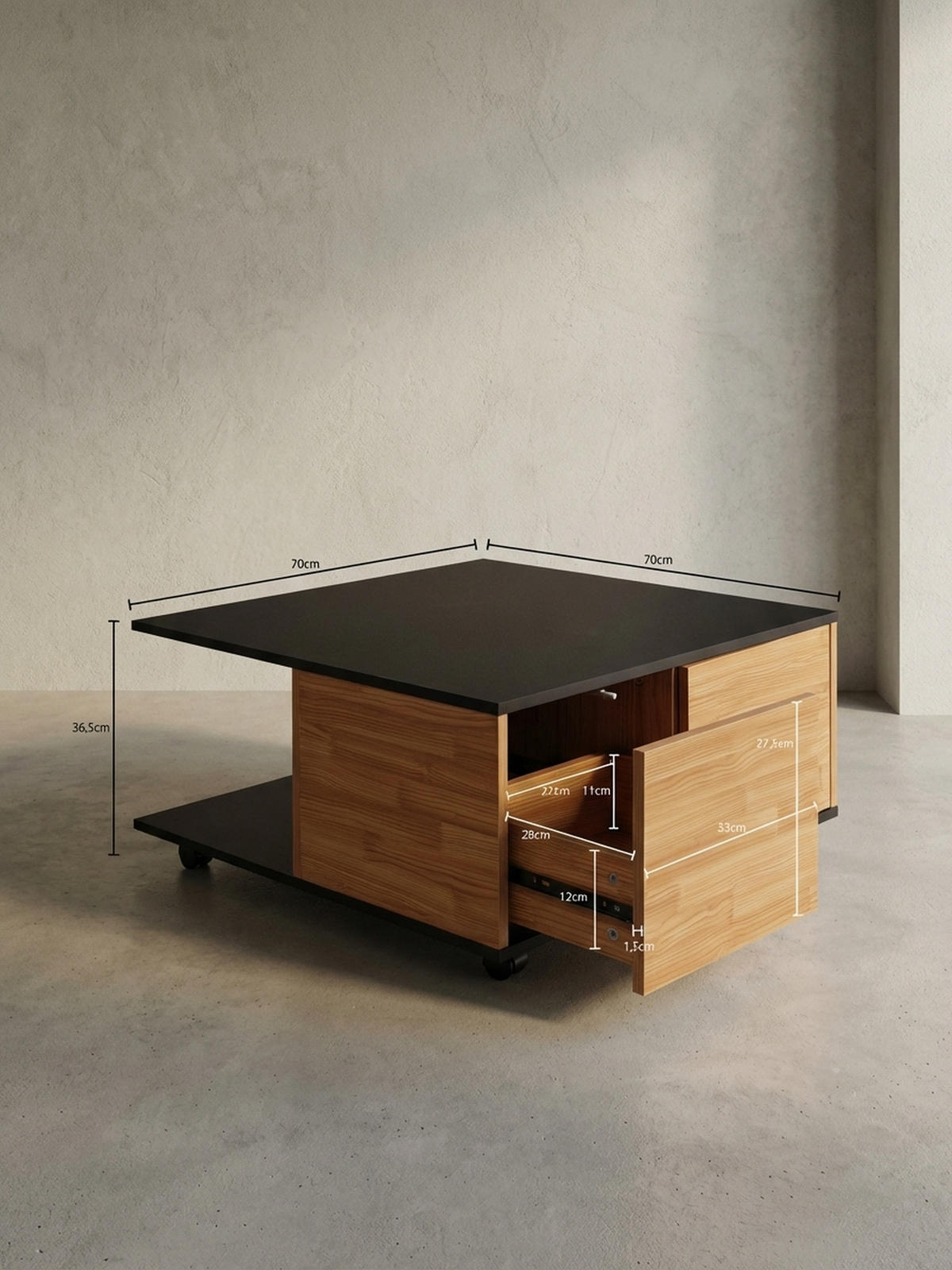 COUCHTISCH mit Rollen, Melaminharzbeschichtung und 2 Schubladen, Anthrazit 70x70x36 cm - Anthrazit/Schwarz, Holz (70/70/36cm) - KADIMA DESIGN