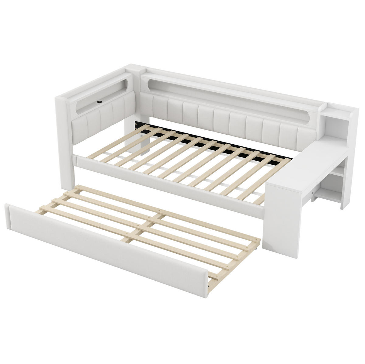 POLSTERBETT 90/200 cm mit LED-Beleuchtung, USB und Ausziehbett in Weiß - Weiß, Holzwerkstoff (90/200cm) - BEAOK