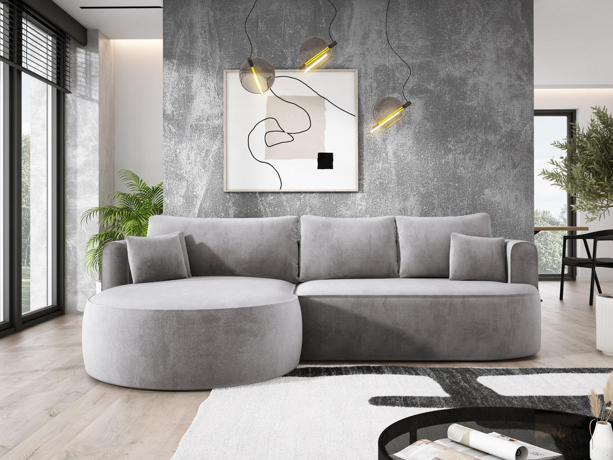 ECKSOFA FIORE L-förm Moderne Ausziehbare Schlaf-Funktion, automatischer Auffaltung, lose Rückenkissen freistehend LINKS 284x183x82cm Grey - Grau, Holz/Textil (183/284cm) - DomoHome