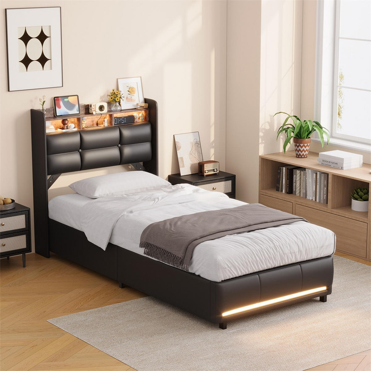POLSTERBETT 90x200 cm mit hydraulischem Stauraum - mit Stauraum Kopfteil und LED-Beleuchtung - Schwarz - Schwarz, Textil (90/200cm) - DELFA