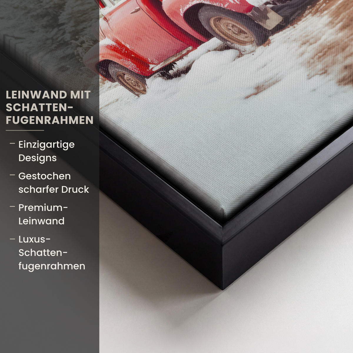 LEINWAND Bilder mit Rahmen - Auto - Rot - Geschenke - Winter - Schnee - Weihnachten - 20x30 - Rot, Textil (20/30cm) - MuchoWow